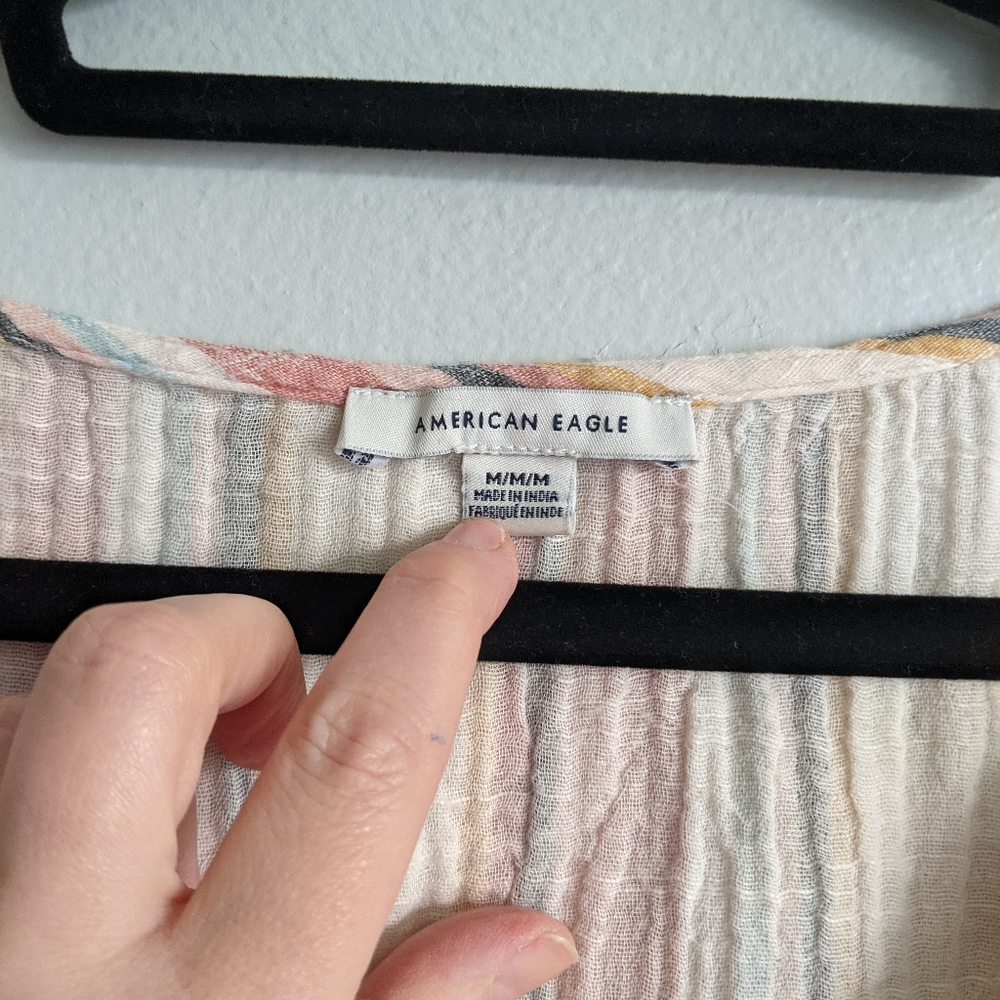 (AEO) Cotton Linen Boho Striped Cropped Top Med - Picture 6 of 8